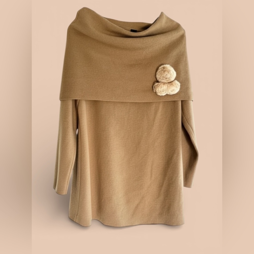 Parisian Merino Wool Off-the-Shoulder Tan Sweater with fur pompoms
